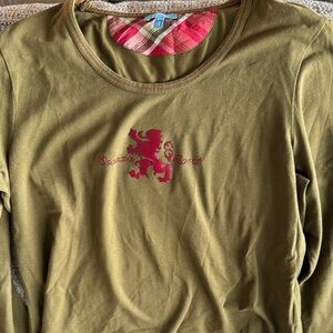 Escada Olive Long Sleeve Shirt with Red Lion Embroidery Sparkles - NWOT